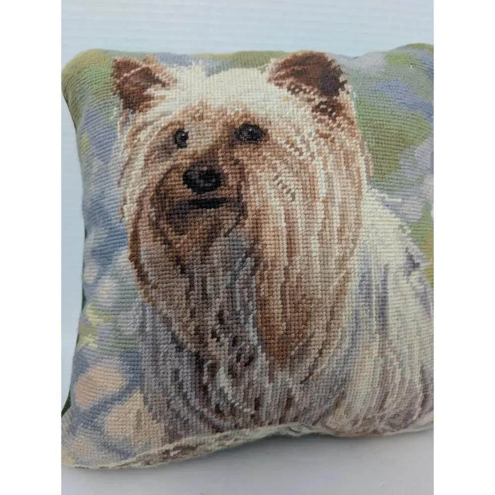 Vintage Needlepoint Yorkshire Terrier Dog Pillow Decorative Canine Portrait